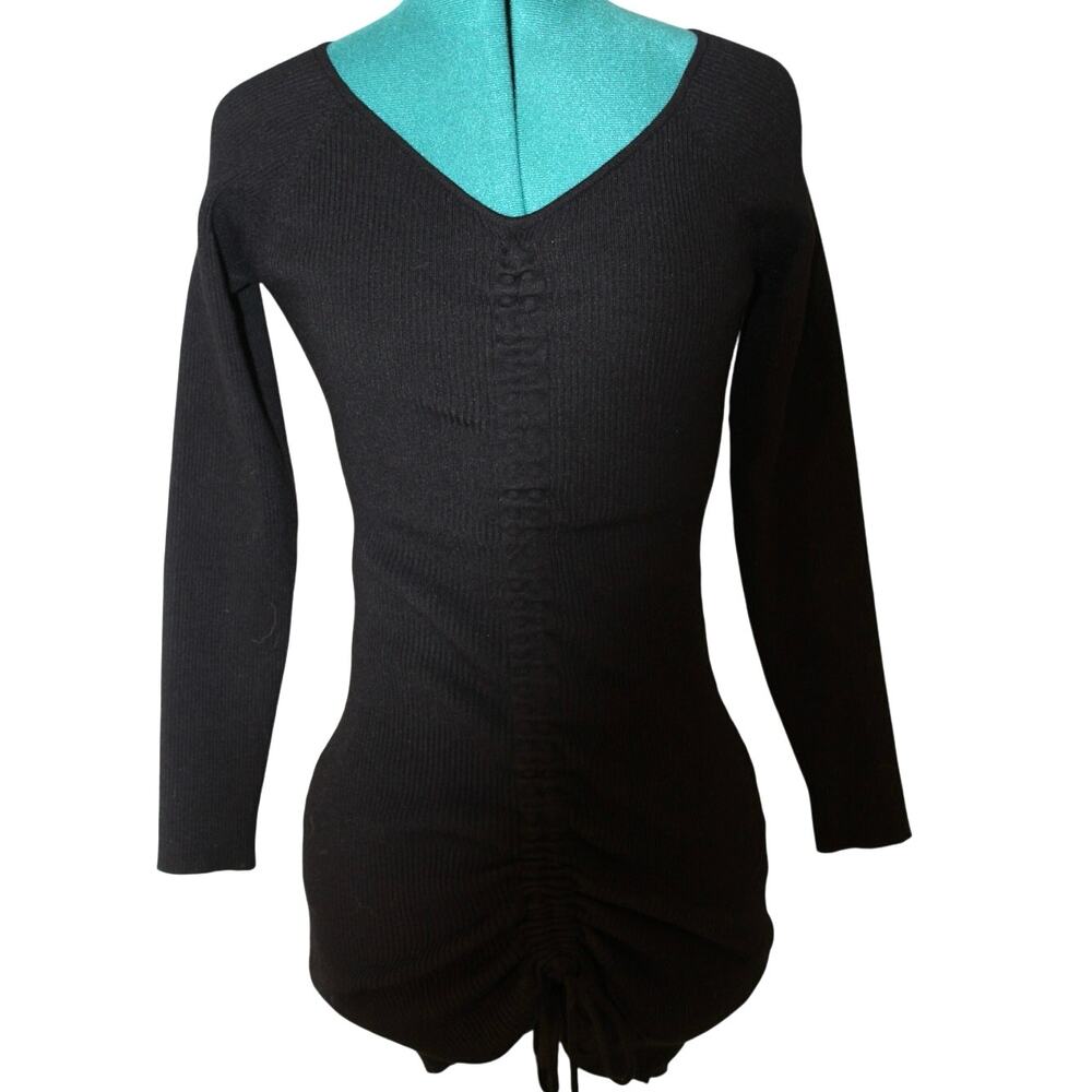 Le Lis Black Ribbed Knit Long Sleeve Ruched Mini Dress (Size S) Fall Winter - Picture 2 of 7
